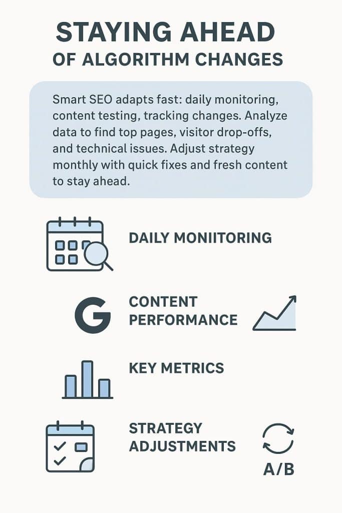 The infographic provides a visual breakdown of various strategies and techniques related to SEO, including daily monitoring, content performance tracking, and data-driven adjustments to maintain an effective online presence.