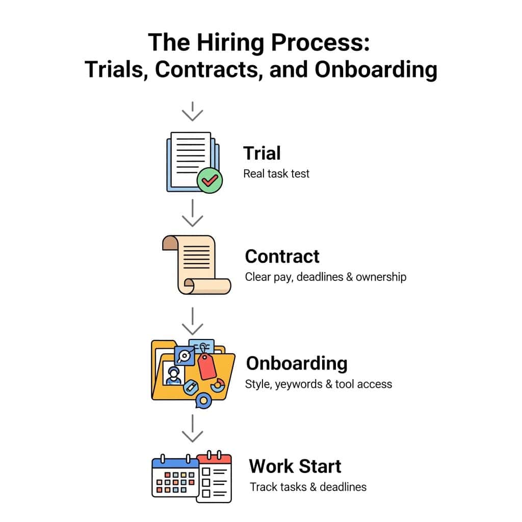 This image outlines the key steps in the hiring process for experienced SEO writers, including a real-task trial, contract negotiations, onboarding, and work start tracking - highlighting the importance of a thorough, structured approach to identifying and integrating the most suitable talent.