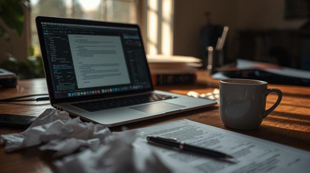 This image depicts a laptop and work materials on a desk, suggesting the role of technology in the editing process. However, the presence of handwritten documents and a coffee mug implies the continued involvement of human editors, indicating that AI may assist but not fully replace their expertise.