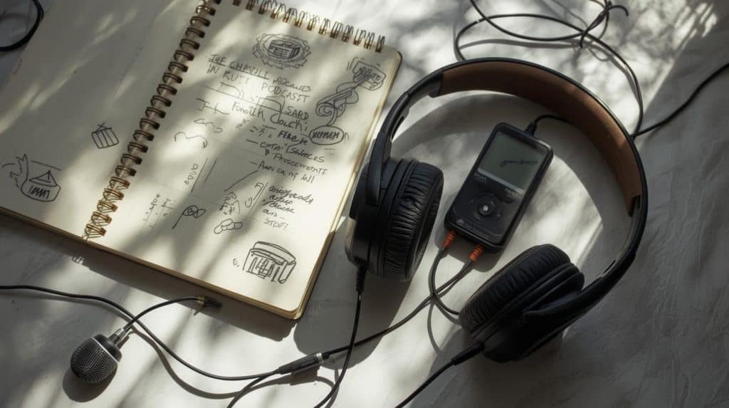 This image depicts various tools of the trade for content creation, including a notebook with handwritten notes, audio equipment, and wires. The mix of analog and digital elements suggests that both human and AI-powered editing will continue to play a role in the creative process, with the two working in harmony to produce high-quality content.