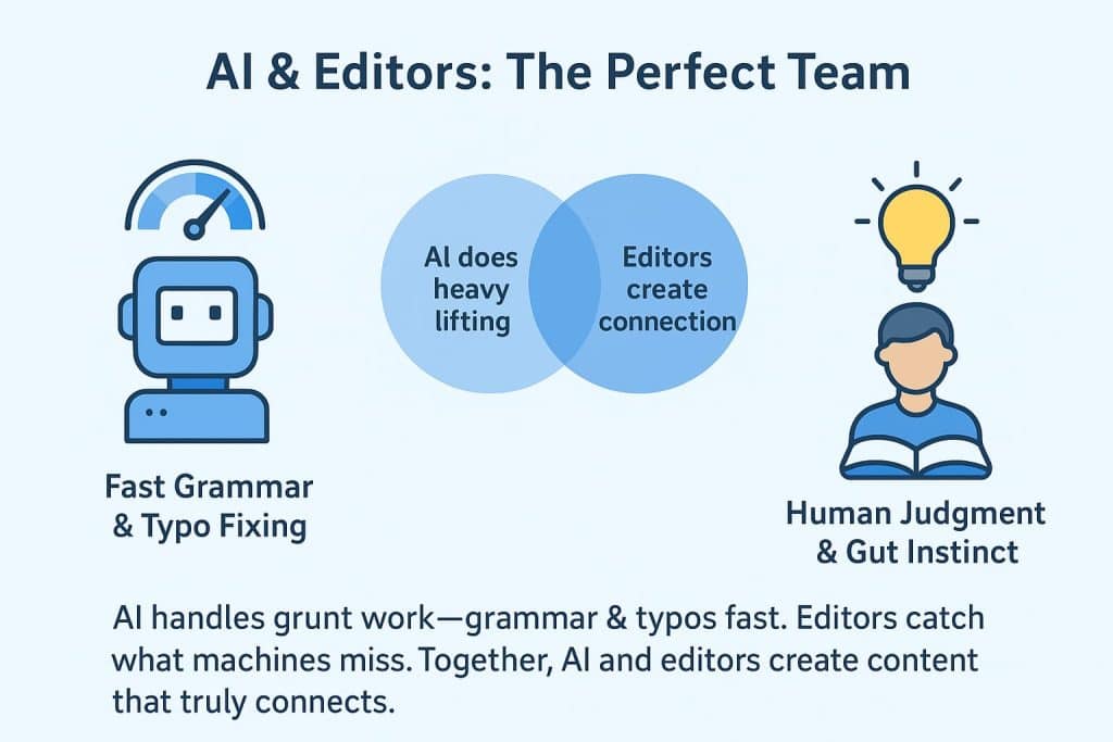 This image highlights the complementary roles of AI and human editors in content creation, with AI handling technical tasks like grammar and typo correction, while editors leverage their intuition and judgment to craft engaging, meaningful content. The illustration suggests that rather than replacing editors, AI can enhance their capabilities to produce high-quality, impactful work.