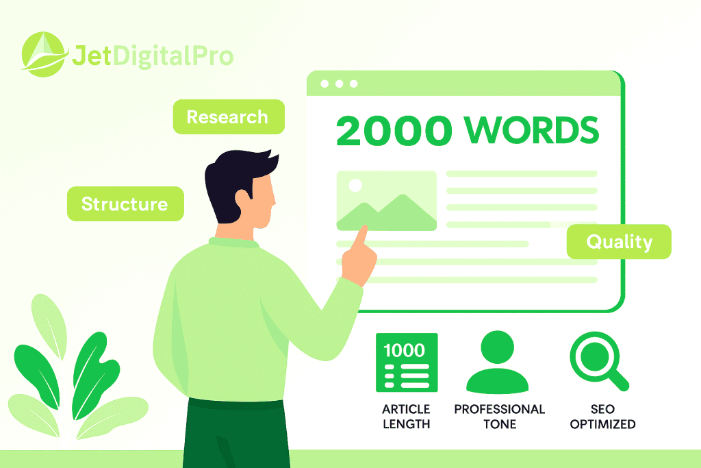 Visual guide highlighting key aspects of 2000-word article writing service: research, structure, quality, and SEO optimization