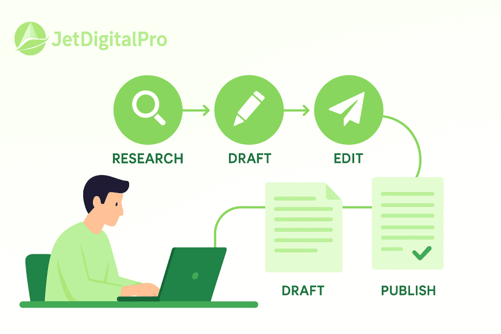 Step-by-step workflow of research, drafting, and editing for a 2000-word article writing service by JetDigitalPro