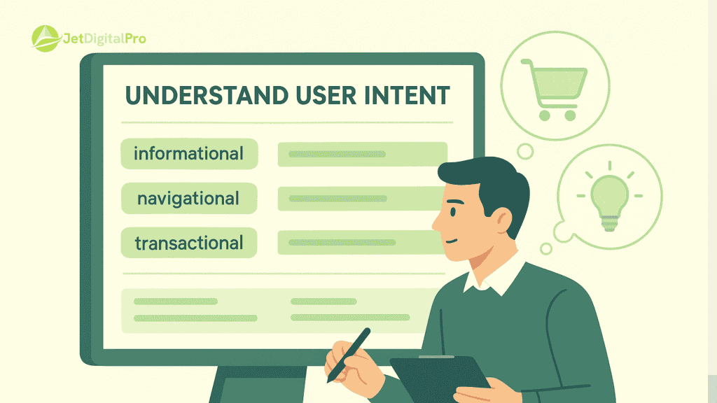 “Illustration of a person analyzing user intent to improve website copy for SEO, with icons representing informational, navigational, and transactional intent”.
