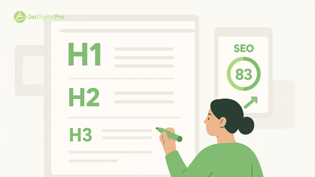 “Illustration of a person analyzing and improving website copy for SEO, with headings H1, H2, and H3 and an SEO score displayed on the screen”.