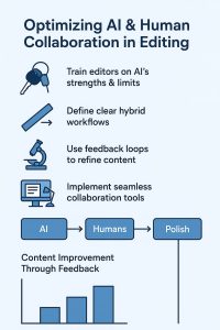 various strategies for optimizing the collaboration between AI and humans in the editing process, including training editors on AI's strengths and limits, defining clear hybrid workflows, using feedback loops to refine content, and implementing seamless collaboration tools.