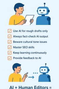two illustrations of a person and a robot, with a checklist of guidelines for using AI as a content editor, including "Use AI for rough drafts only," "Always fact-check AI output," "Beware cultural tone issues," "Master SEO skills," "Keep learning continuously," and "Provide feedback to AI."