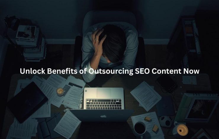 This image depicts a frustrated individual working late into the night surrounded by a cluttered desk and technology, suggesting the potential drawbacks of handling all content creation tasks in-house. The scene implies the benefits of outsourcing certain responsibilities, such as SEO content generation, to specialists who can alleviate the workload and improve efficiency.