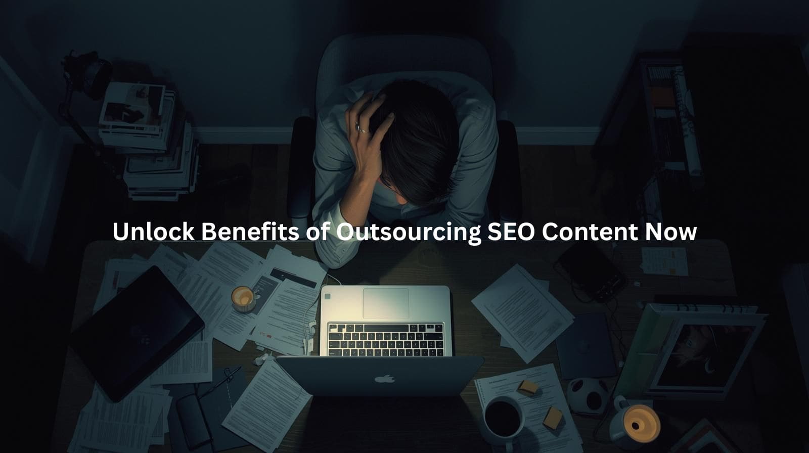 This image depicts a frustrated individual working late into the night surrounded by a cluttered desk and technology, suggesting the potential drawbacks of handling all content creation tasks in-house. The scene implies the benefits of outsourcing certain responsibilities, such as SEO content generation, to specialists who can alleviate the workload and improve efficiency.