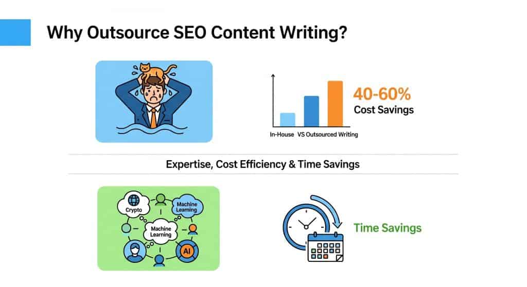 This image highlights the key benefits of outsourcing SEO content writing, including cost savings, access to specialized expertise, and time efficiency. The visuals and data demonstrate how outsourcing can leverage advanced technologies and allow organizations to focus on their core competencies, ultimately improving their overall content strategy and performance.