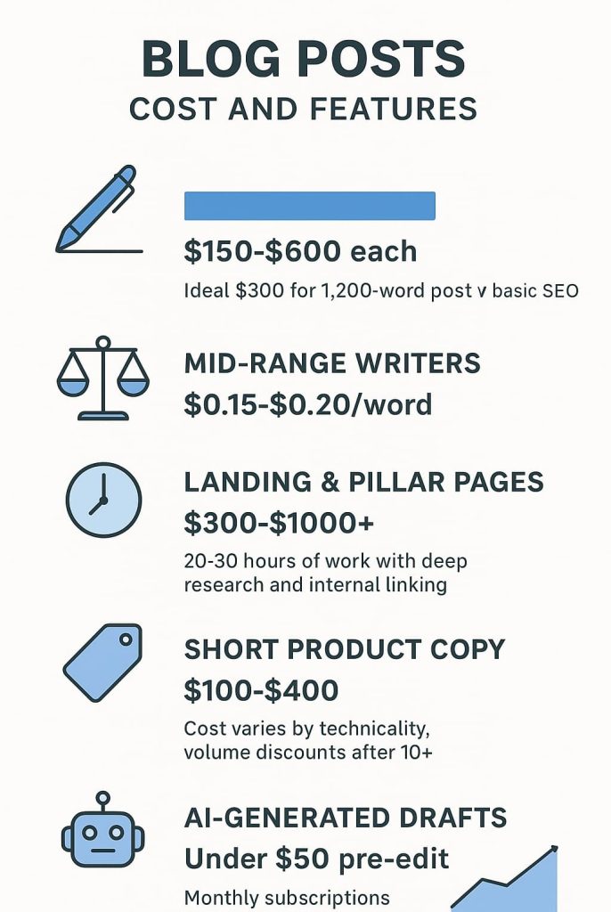 This infographic provides a visual breakdown of the costs and features associated with different types of blog post content, including word counts, writer rates, and other relevant details.
