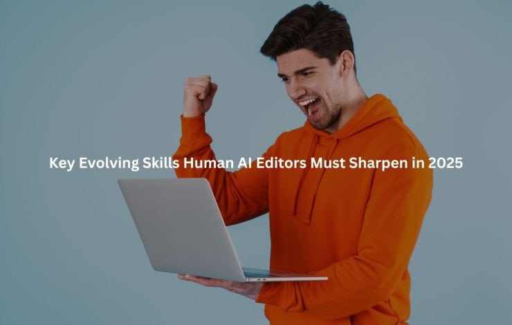 A young man in an orange hoodie is enthusiastically using a laptop, indicating a sense of energy and excitement.