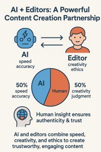 The image includes icons representing AI and a human, along with a pie chart illustrating the respective contributions of speed, accuracy, creativity, and ethical judgment in the content creation process.