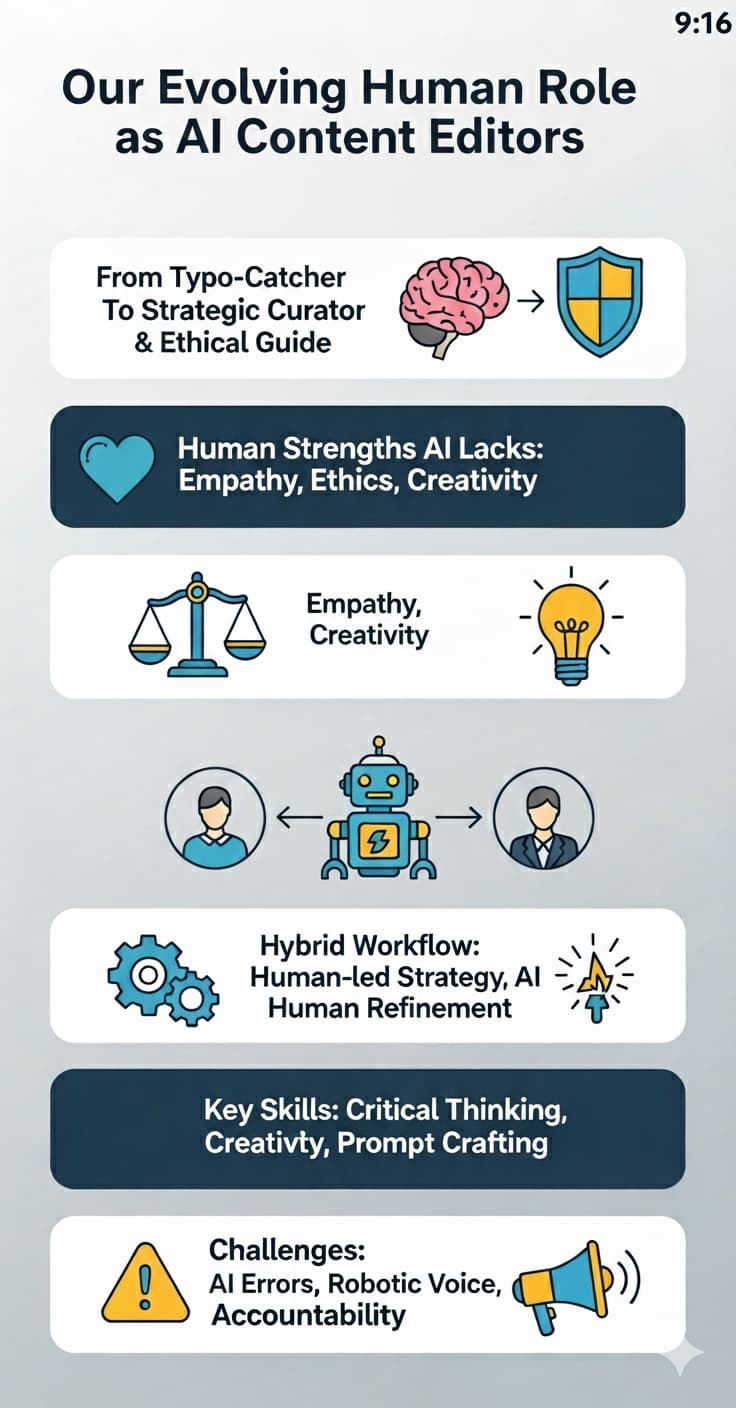 The image illustrates the evolving role of human editors in an AI-driven content creation landscape, highlighting their unique strengths and the challenges they face.