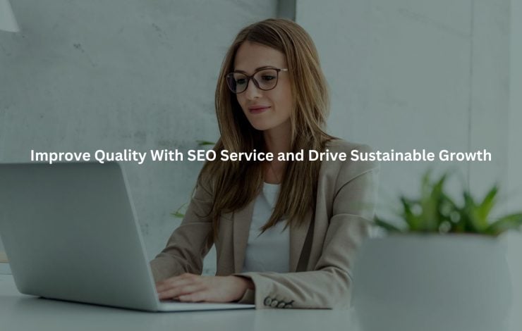 The image depicts a smiling woman with long hair working on a laptop, implying she is involved in content creation or digital marketing tasks.