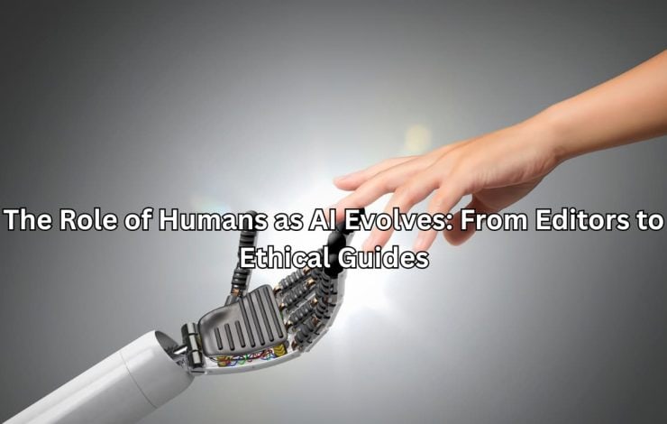 The image depicts a human hand interacting with an advanced robotic hand, suggesting the evolving relationship between humans and AI technology.