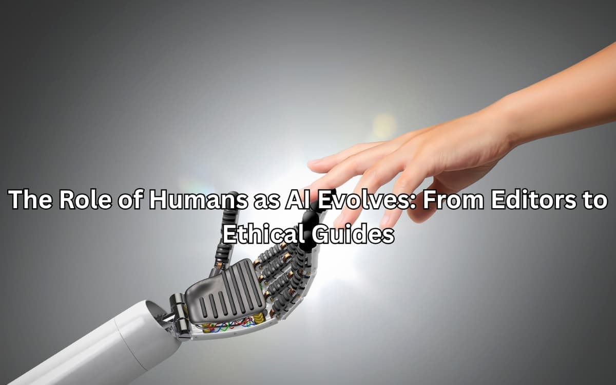 The image depicts a human hand interacting with an advanced robotic hand, suggesting the evolving relationship between humans and AI technology.