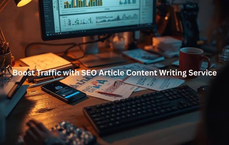 This image showcases a cluttered workspace with a computer displaying analytics data, along with various office supplies and a mobile device. The scene suggests the benefits of leveraging an SEO article content writing service to streamline content production and enhance website traffic, allowing the organization to focus on its core business while experts handle the technical aspects of content optimization.