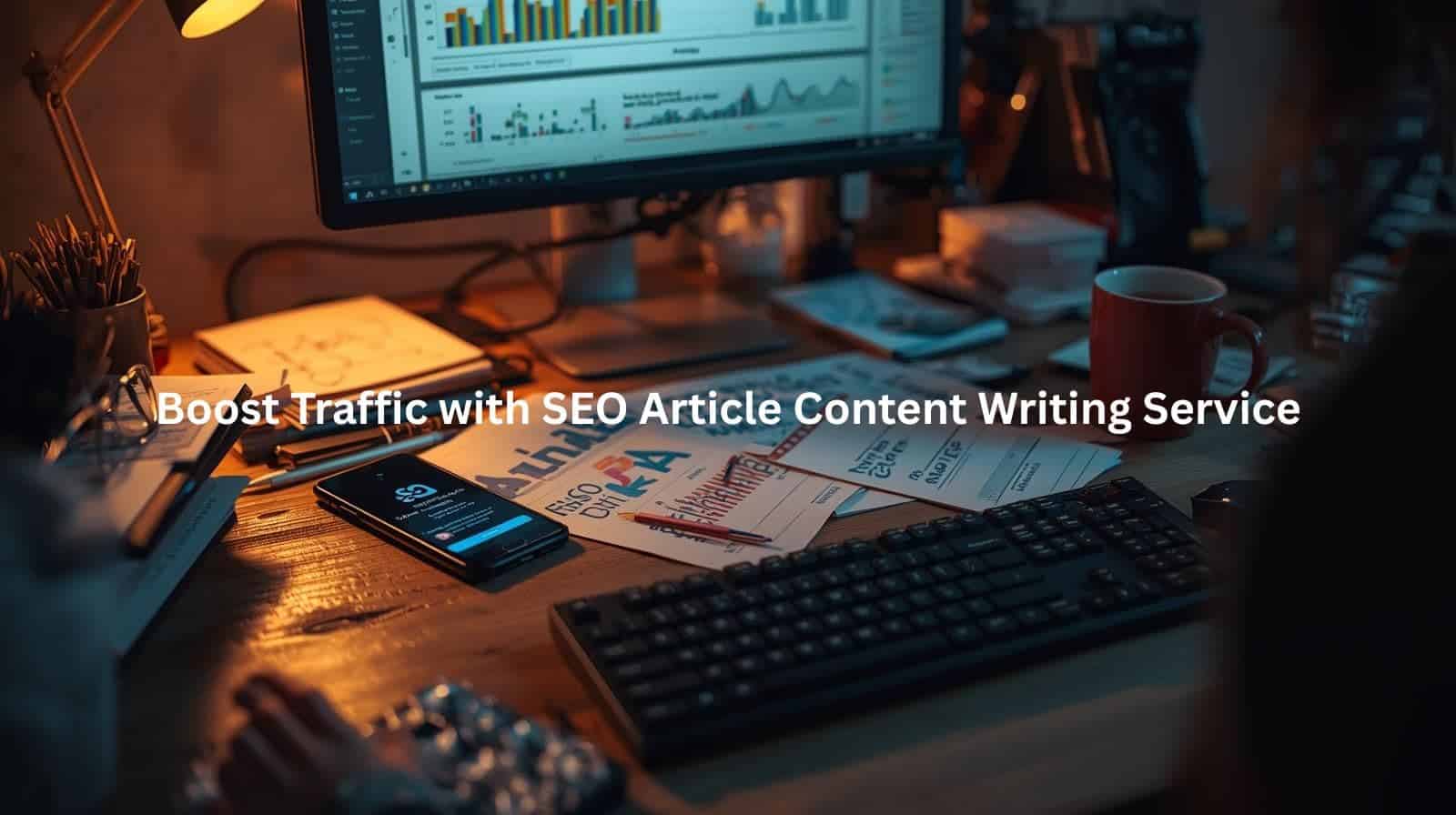 This image showcases a cluttered workspace with a computer displaying analytics data, along with various office supplies and a mobile device. The scene suggests the benefits of leveraging an SEO article content writing service to streamline content production and enhance website traffic, allowing the organization to focus on its core business while experts handle the technical aspects of content optimization.