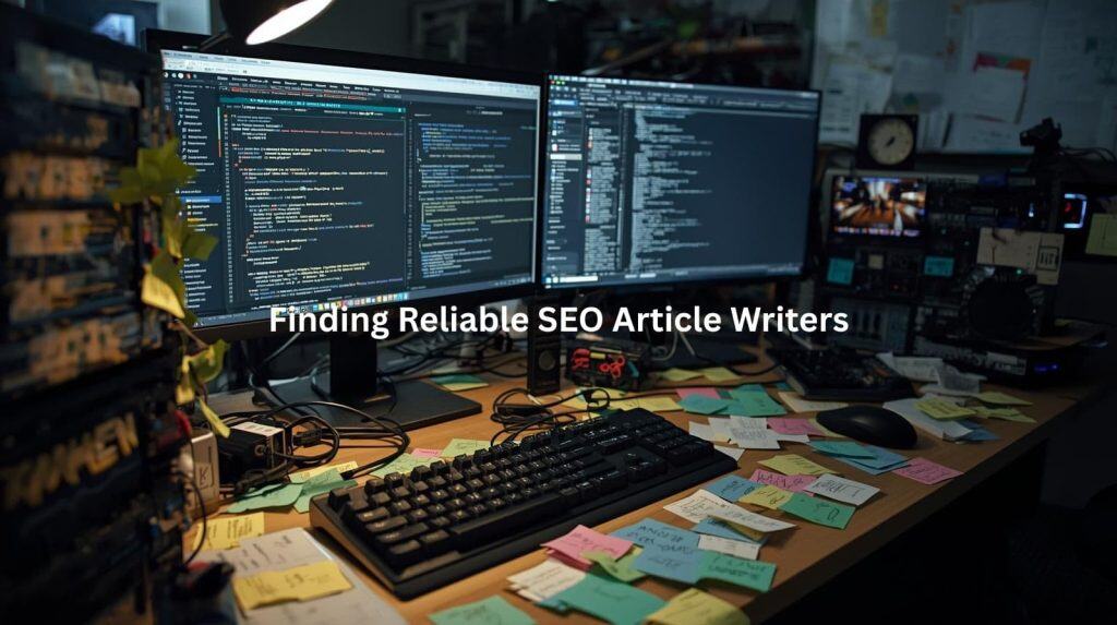 This image depicts a cluttered workspace filled with computer monitors displaying complex code, as well as an assortment of office supplies and equipment. The text overlay suggests the challenge of finding reliable SEO article writers, highlighting the value of professional SEO content writing services that can leverage technical expertise to create high-quality, optimized content that boosts website traffic and visibility.