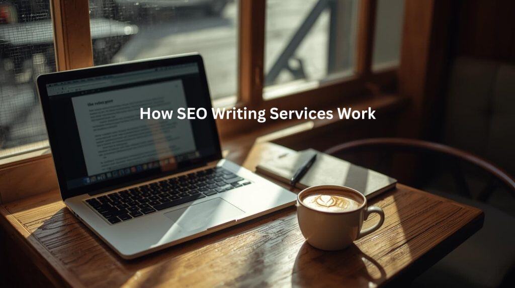 This image depicts a cozy workspace with a laptop, a cup of coffee, and a serene outdoor view through a window. The text overlay suggests that the focus is on exploring how professional SEO writing services work, providing insight into the process of leveraging specialized expertise to create optimized content that can effectively drive website traffic and visibility.