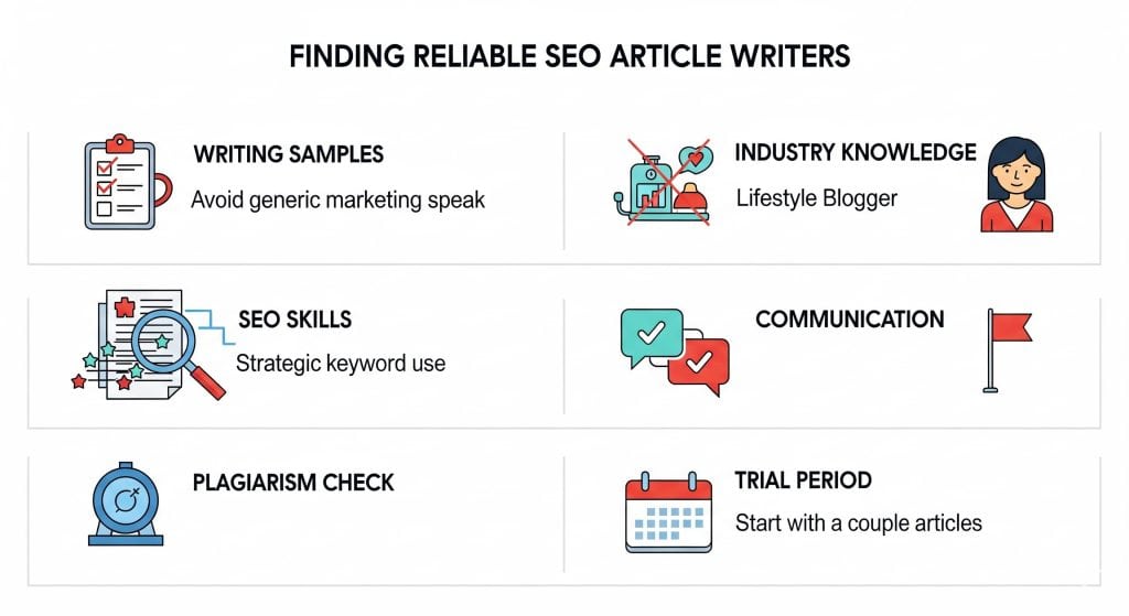 This image provides an overview of the key factors to consider when seeking reliable SEO article writers, including writing samples, industry knowledge, SEO skills, communication ability, plagiarism checks, and a trial period. The visuals and information highlight the essential criteria for identifying high-quality SEO content writing services that can effectively support an organization's online presence and marketing efforts.
