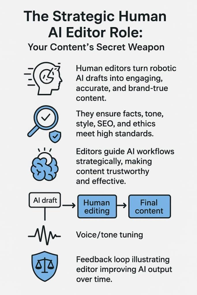 The image outlines the strategic role of human editors in shaping AI-generated content, highlighting their unique expertise and ability to refine the final output.
