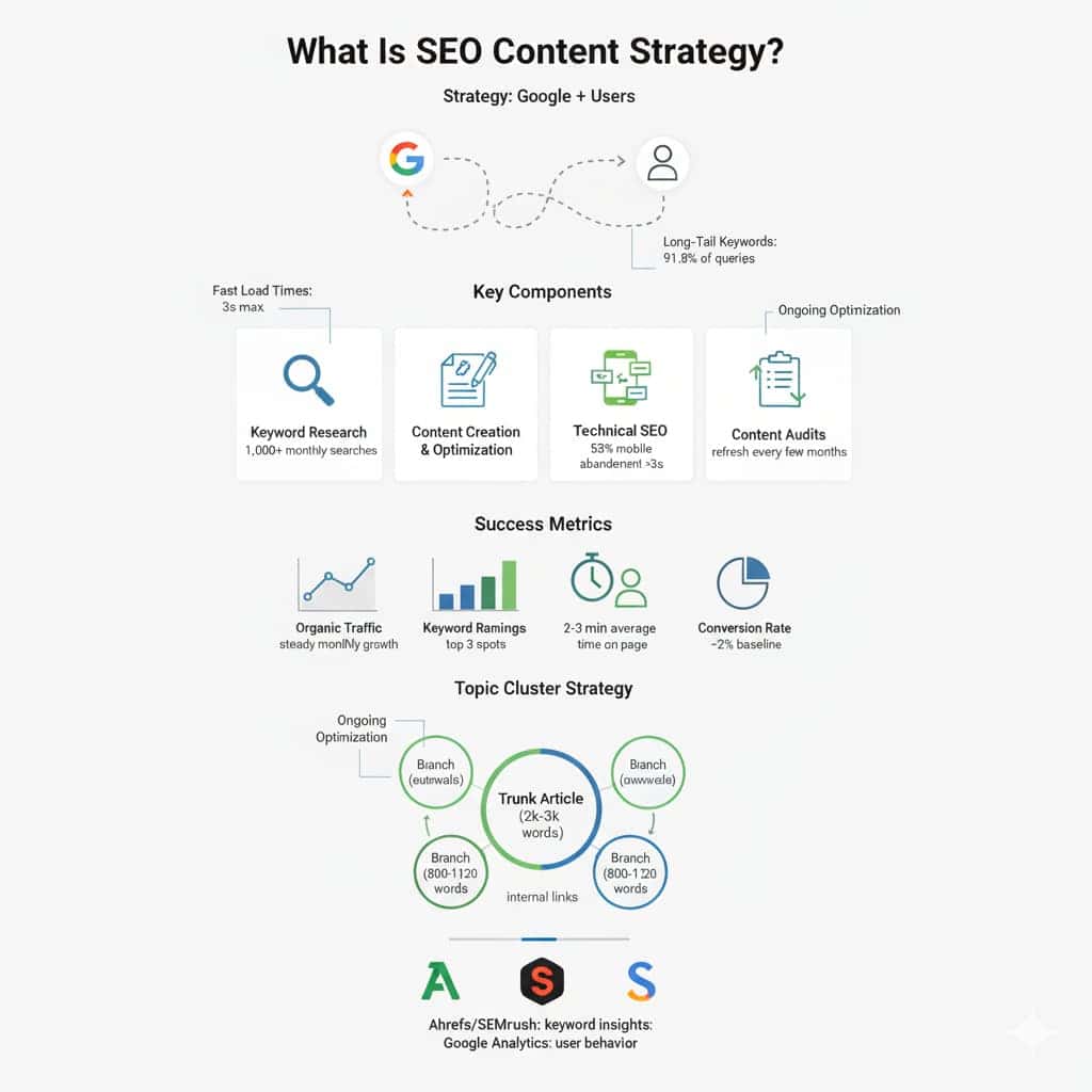 Infographic explaining understanding SEO content strategy service, highlighting key components and success metrics.