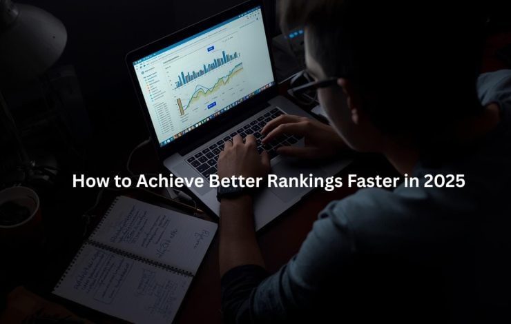 This image depicts a person working on a laptop, analyzing data and charts displayed on the screen. The scene suggests the topic of strategies and techniques to improve search engine rankings and online visibility more effectively in the coming year, as indicated by the text overlay.