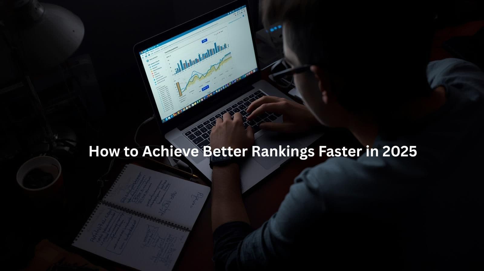 This image depicts a person working on a laptop, analyzing data and charts displayed on the screen. The scene suggests the topic of strategies and techniques to improve search engine rankings and online visibility more effectively in the coming year, as indicated by the text overlay.
