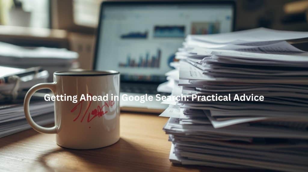 This image depicts a workspace with a laptop displaying data analytics, a stack of paperwork, and a coffee mug, suggesting the topic of practical advice and strategies for improving one's performance in Google search rankings and online visibility. The scene emphasizes the importance of data-driven decision-making and diligent content optimization to achieve better search engine results.