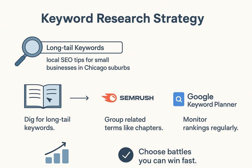 This image outlines a keyword research strategy for improving search engine rankings, including the use of long-tail keywords, local SEO tips, and tools like Semrush and Google Keyword Planner. The visual emphasizes the importance of ongoing monitoring and selecting battles that can be won quickly, highlighting practical approaches to achieve better rankings faster.