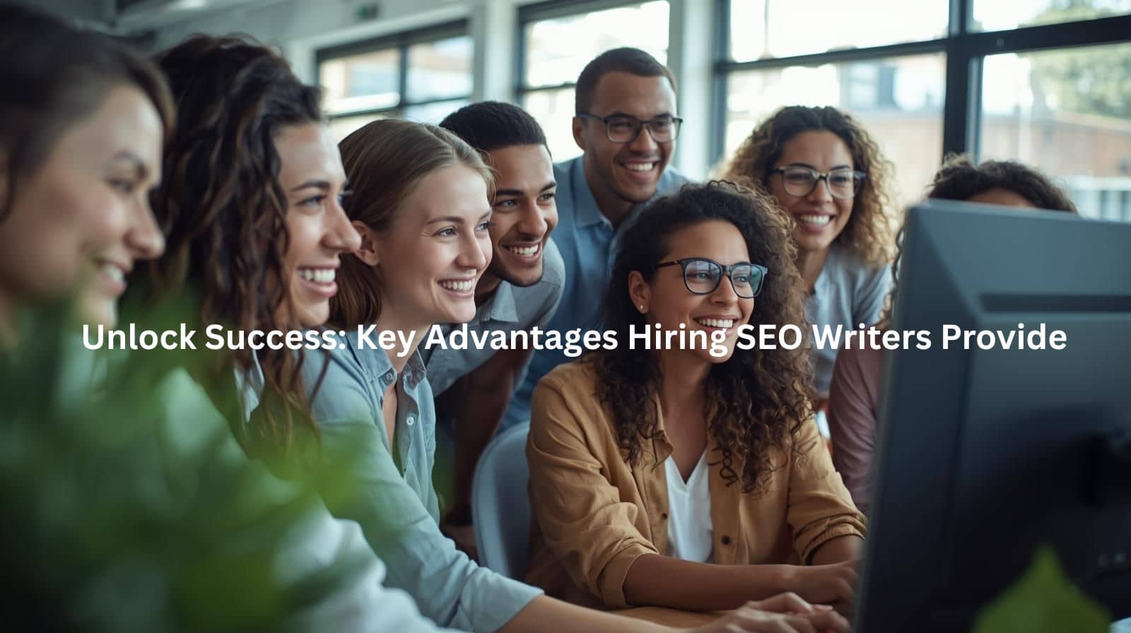 This image depicts a diverse group of smiling professionals, suggesting the key advantages hiring skilled SEO writers can provide in unlocking business success through their expertise, collaboration, and adaptability to market trends.