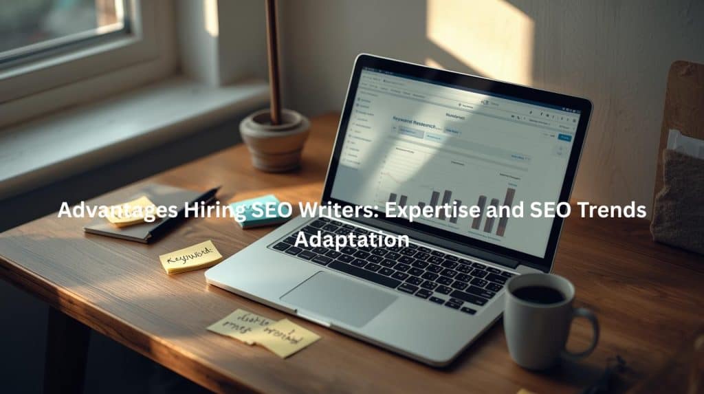 This image depicts a workspace with a laptop displaying a keyword research tool, suggesting the advantages of hiring skilled SEO writers who can leverage their expertise and stay up-to-date with industry trends to help businesses effectively adapt their online content and marketing strategies.