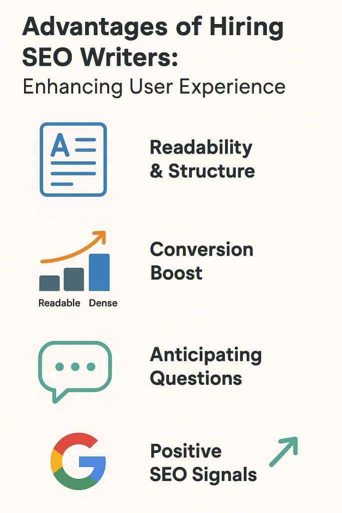 This image highlights key advantages of hiring skilled SEO writers, including their ability to enhance user experience through readable and well-structured content, boost conversions, anticipate customer questions, and generate positive SEO signals - all of which can benefit businesses seeking to optimize their online presence and performance.