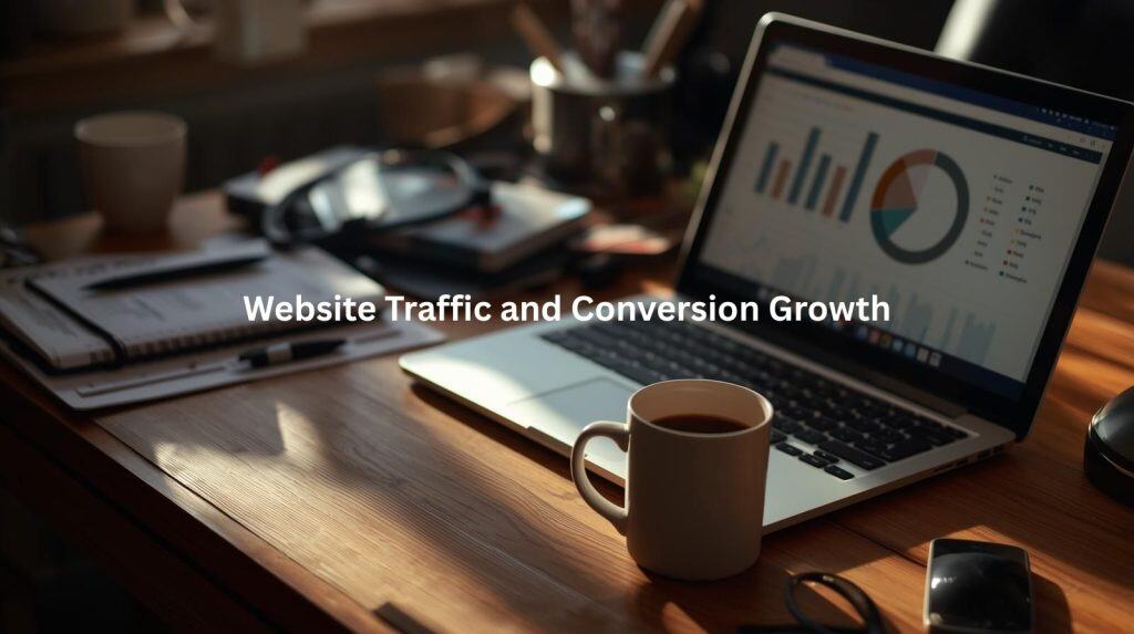 This image depicts a workspace with a laptop displaying analytics data, suggesting the key benefits of leveraging an SEO writing service to drive website traffic and conversion growth for businesses seeking to maximize their online presence and performance.