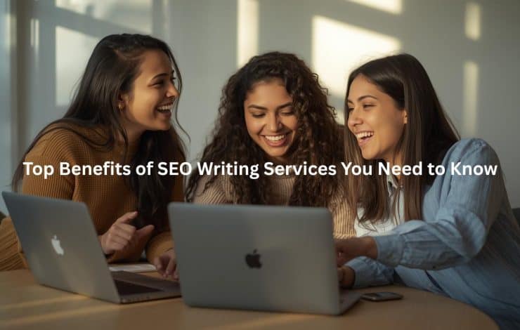 This image depicts a group of young professionals collaborating on laptops, suggesting the top benefits businesses can gain from leveraging professional SEO writing services to enhance their online presence and performance.