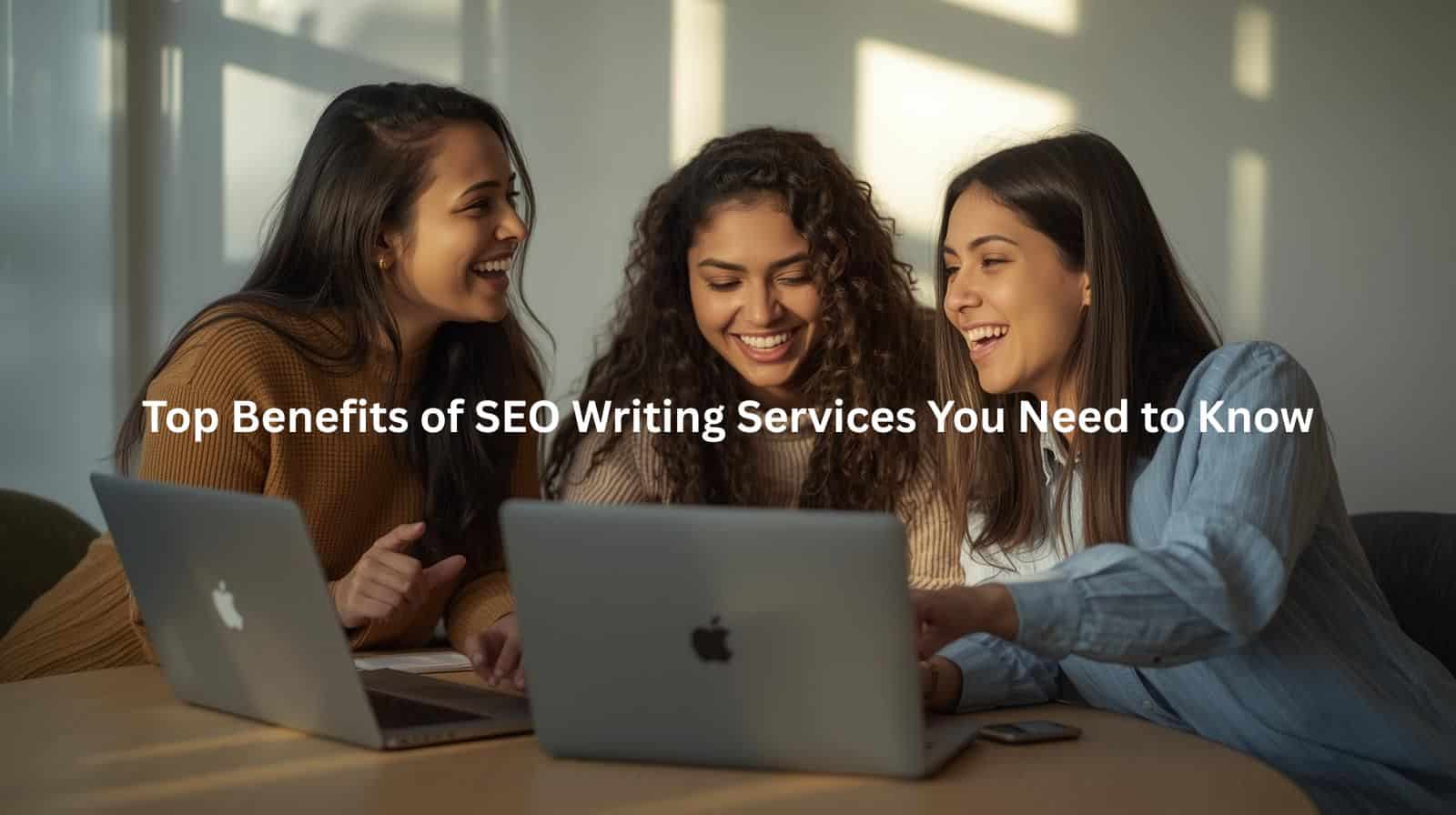 This image depicts a group of young professionals collaborating on laptops, suggesting the top benefits businesses can gain from leveraging professional SEO writing services to enhance their online presence and performance.