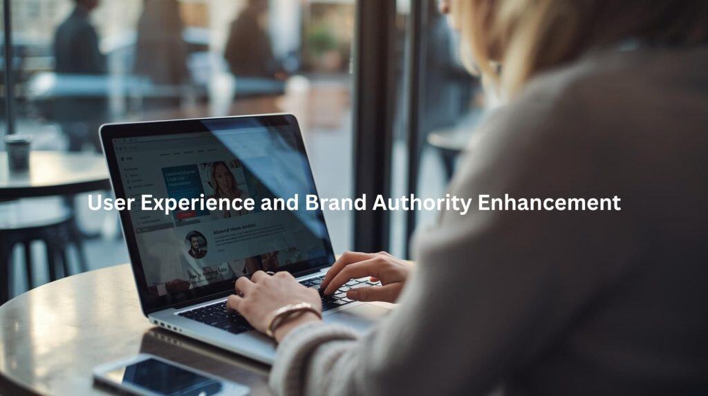 This image depicts a professional using a laptop, highlighting the key benefits of engaging an SEO writing service to enhance user experience and strengthen brand authority through optimized online content.