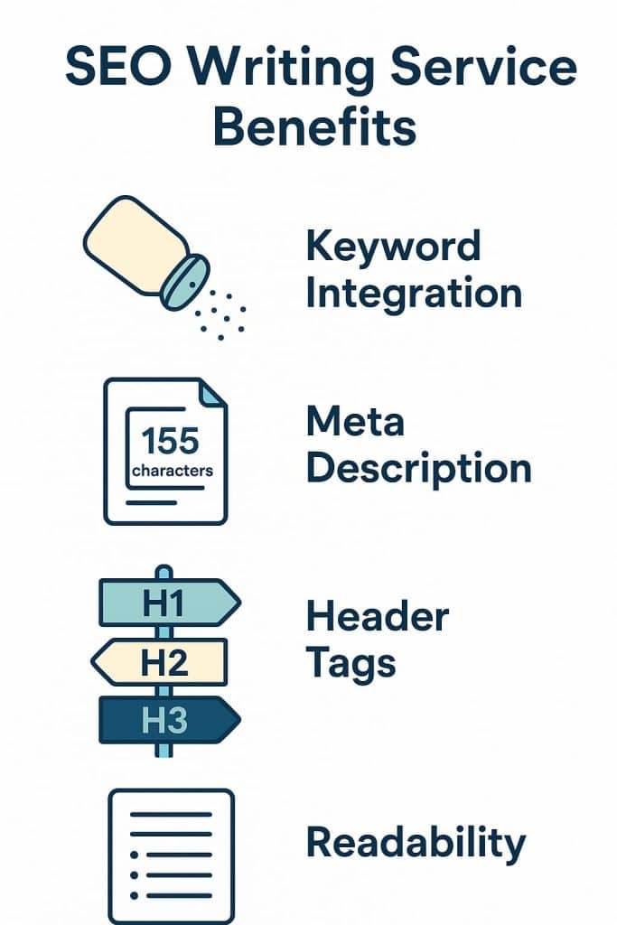 This image outlines the key benefits of utilizing an SEO writing service, including keyword integration, meta description optimization, header tag structure, and improved content readability - all of which can enhance a website's search engine visibility and user experience.