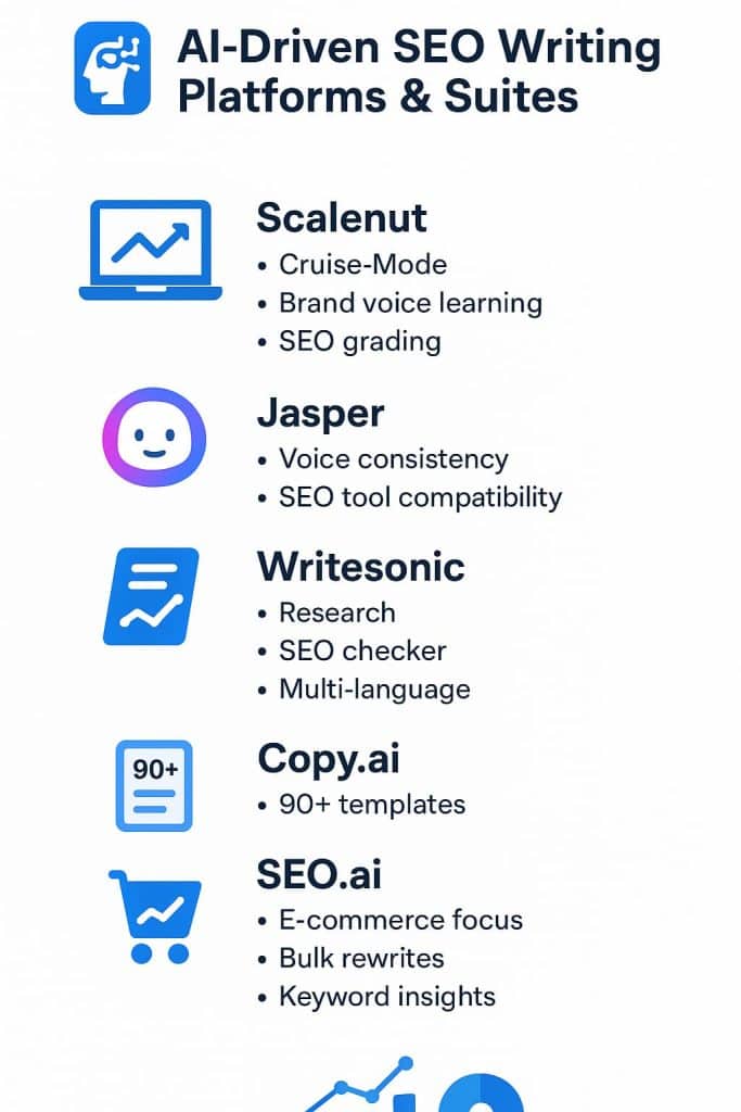 This image showcases a variety of AI-driven SEO writing platforms and suites, each with unique features tailored to support the needs of content creators, from advanced analytics and optimization tools to multilingual capabilities and automation - highlighting the breadth of options available to elevate SEO writing performance.