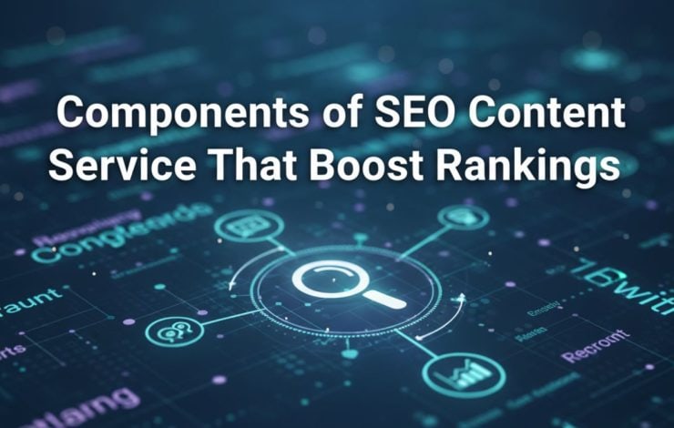 Graphic illustrating the components of SEO content service with digital icons and connections, emphasizing SEO strategies.