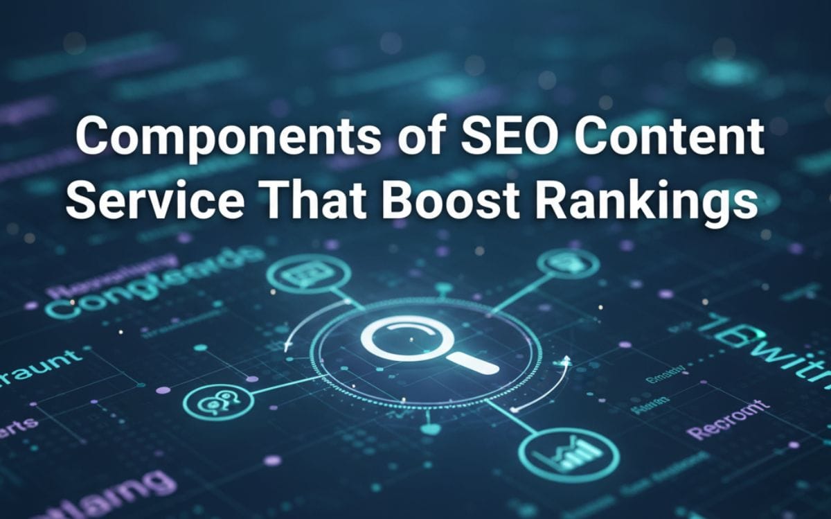 Graphic illustrating the components of SEO content service with digital icons and connections, emphasizing SEO strategies.