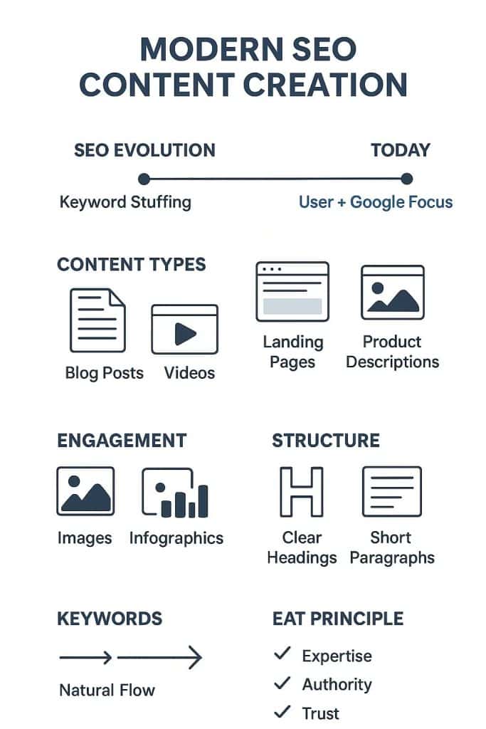 Infographic detailing the components of SEO content service, highlighting modern content types and SEO best practices. 