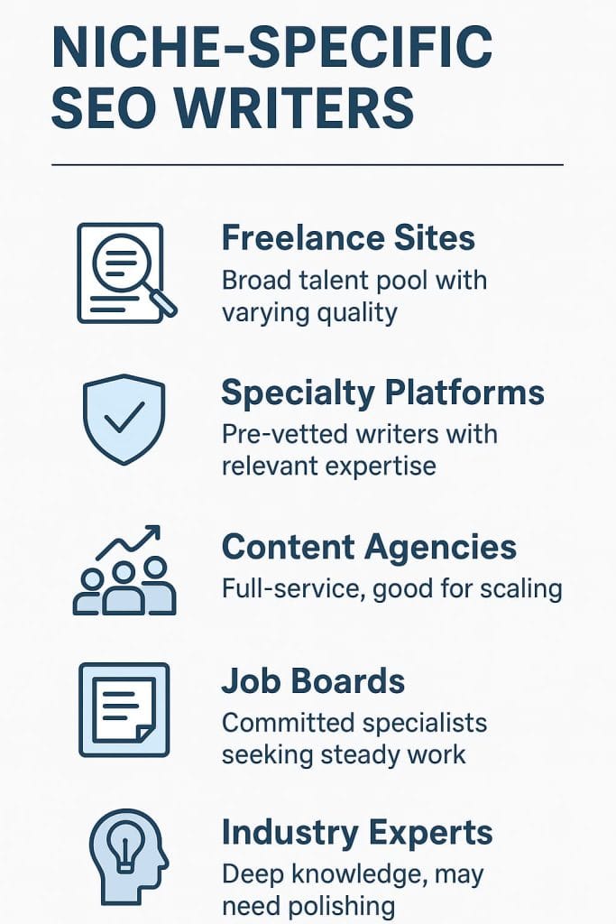 This image outlines various channels and platforms to consider when seeking out niche-specific SEO writers, highlighting the pros and cons of each approach to help identify the most suitable talent for creating high-quality, industry-relevant content.