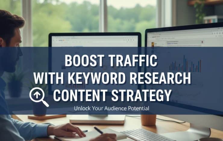Person analyzing data on computers, focusing on keyword research content strategy for improving web traffic.
