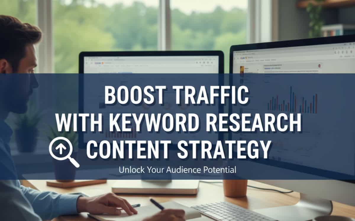 Person analyzing data on computers, focusing on keyword research content strategy for improving web traffic.