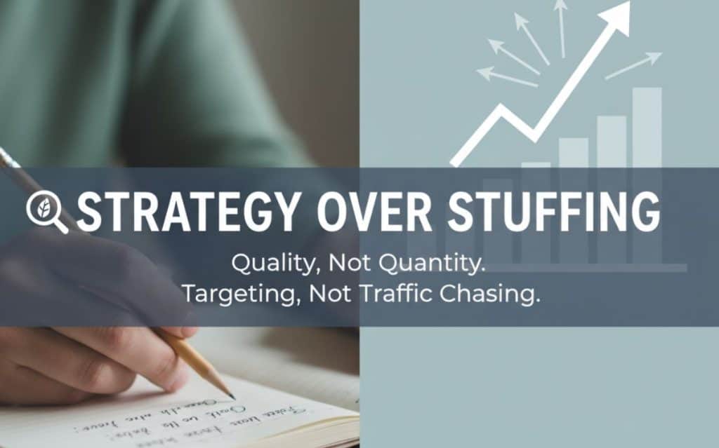 Person writing notes with a focus on keyword research content strategy, promoting quality over quantity in SEO.