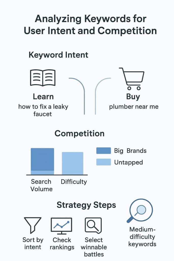 Infographic on keyword research content strategy, highlighting user intent and competition analysis for effective SEO.