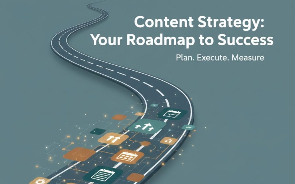 Visual of a roadmap symbolizing measuring content strategy success, featuring icons for planning, execution, and metrics.